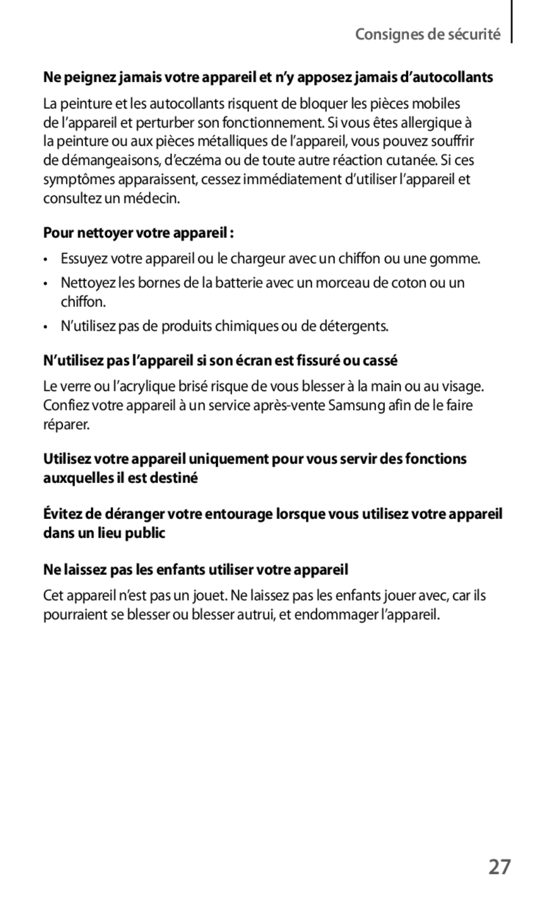 Samsung GT-I8190TANFTM manual Pour nettoyer votre appareil , ’utilisez pas l’appareil si son écran est fissuré ou cassé 